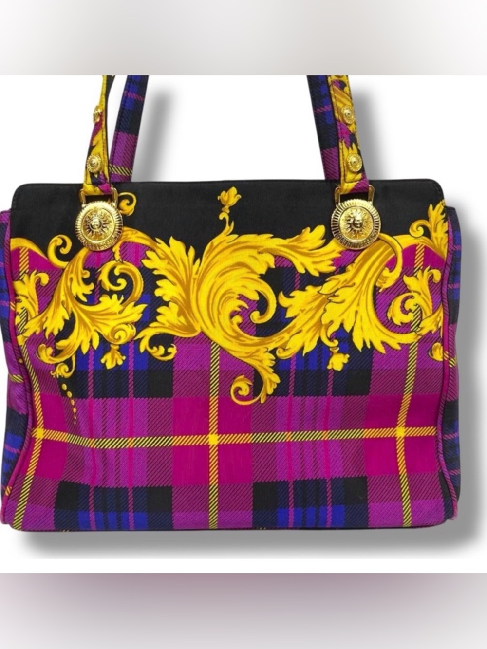 Gianni Versace Plaid Baroque Canvas Tote Bag Rare Vintage Y2K EUC FUCHSIA